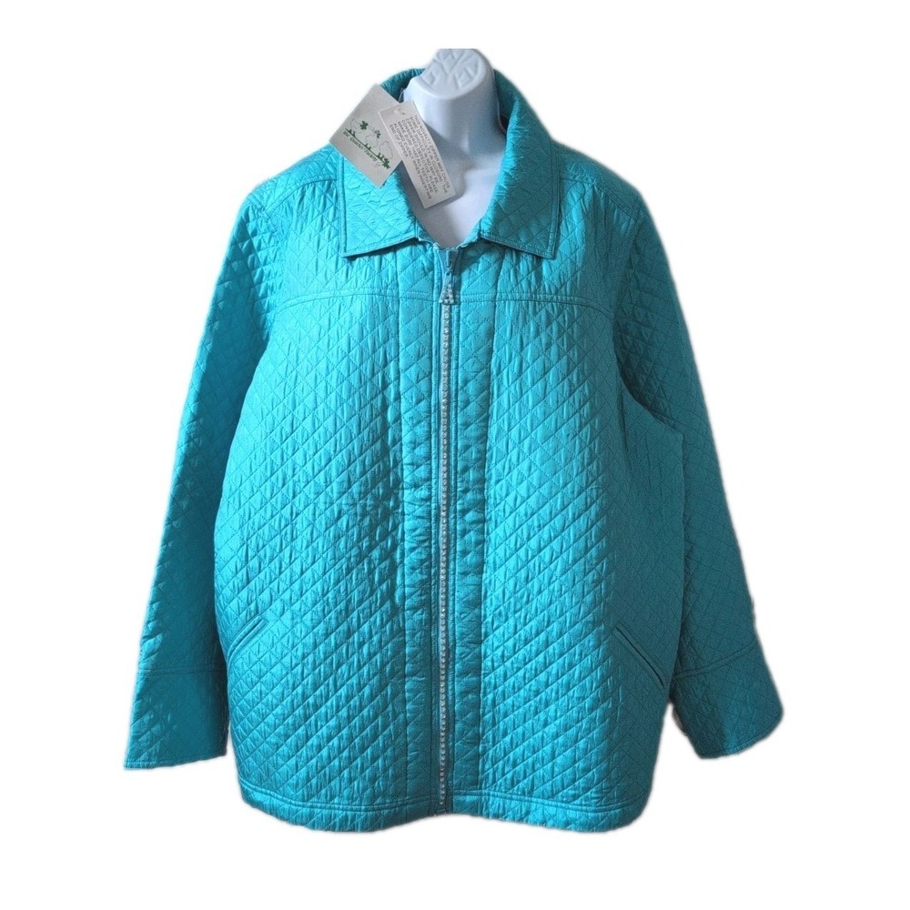 Quacker Factory Quilted 100% Silk Jacket Women's 2X‎ Blue Full Zip Rhinestones